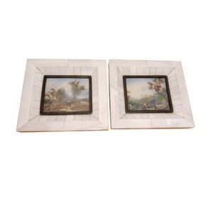 Vintage Avorio DM & C Italian Miniature Landscape Paintings Bone Inlay Frame Set